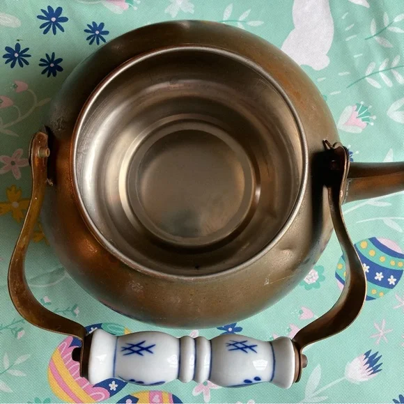 Vintage Copper and Brass Teapot with Blue and White Handle - Picture 5 of 7